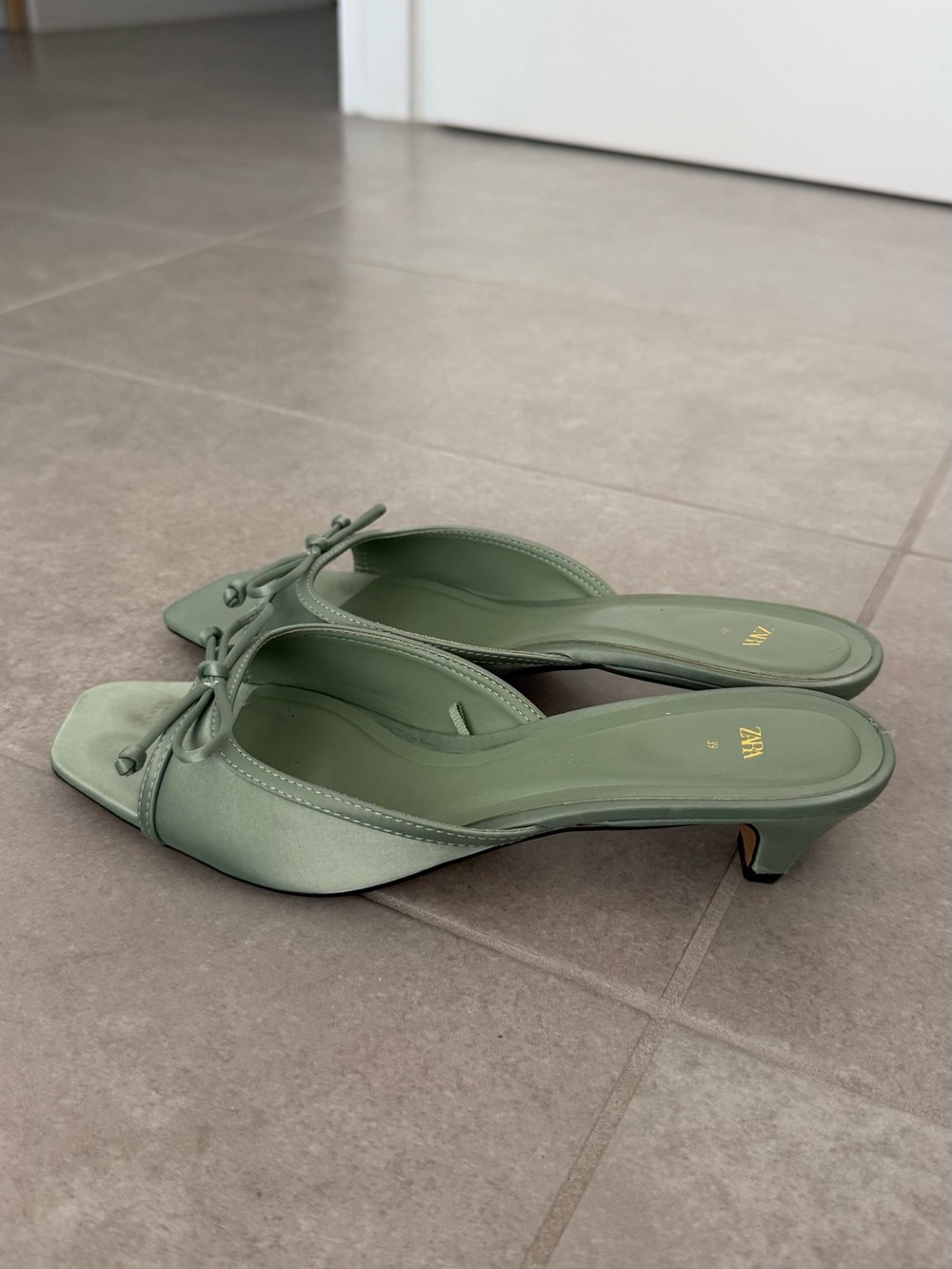 Zara Sage Green Knot-Front Low Heel Mules